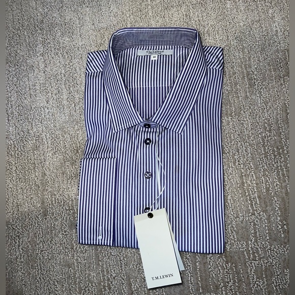 TM Lewin Purple & White Striped Fully Fitted Button Down Shirt - UK 18; US 16 - Picture 4 of 12